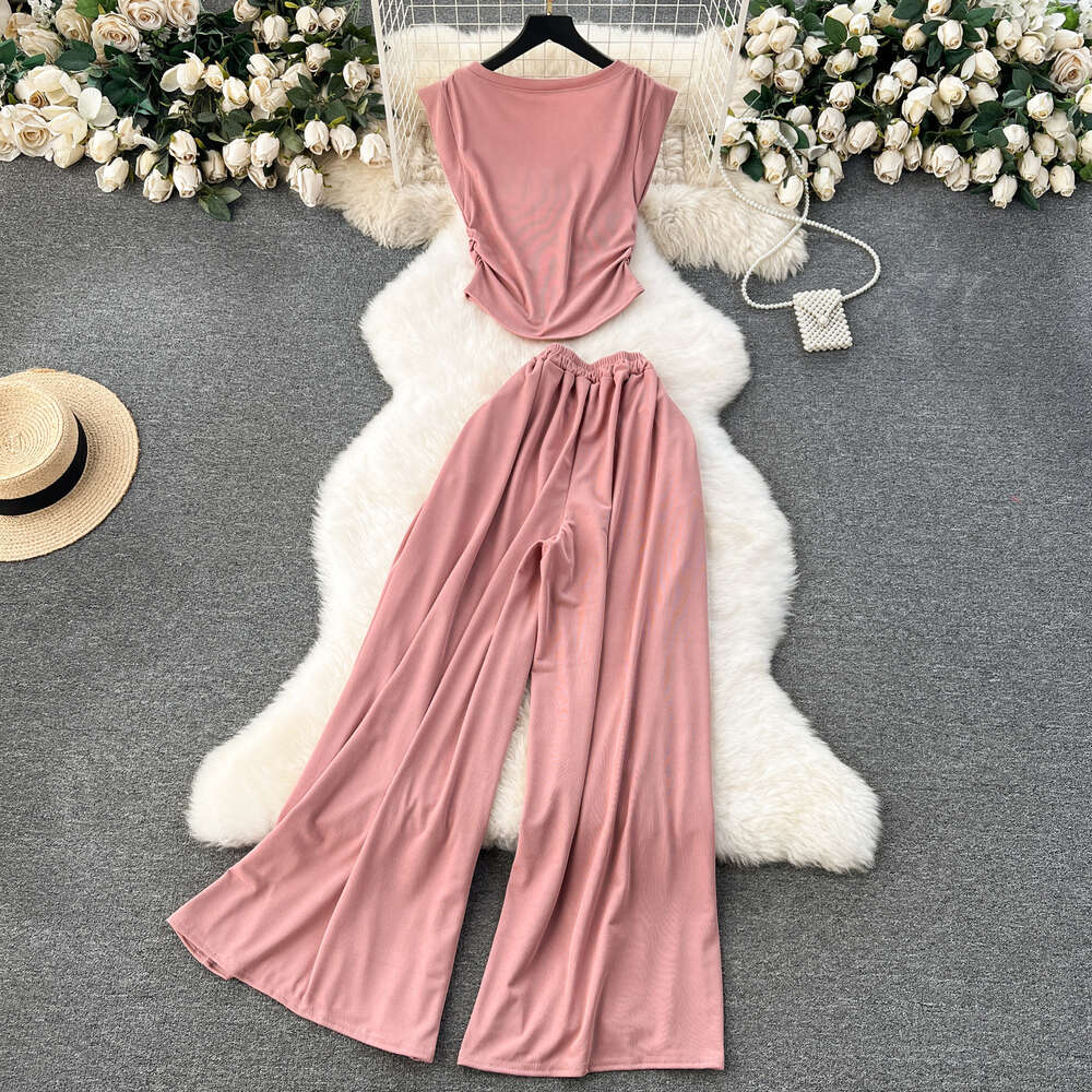 Chic Casual Set Womens Mind Machine Pleated Waist Short Top Versatile High Waist Wide Leg Pants Two Piece Set Trendy
