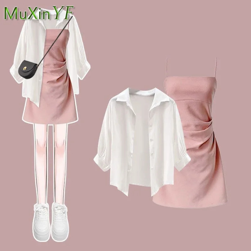 Womens Summer Dress Matching Set 2023 Fashion Chiffon Sunscreen Shirt Slip Skirt Twopiece Korean Elegant Chic Blouse Suit 240601