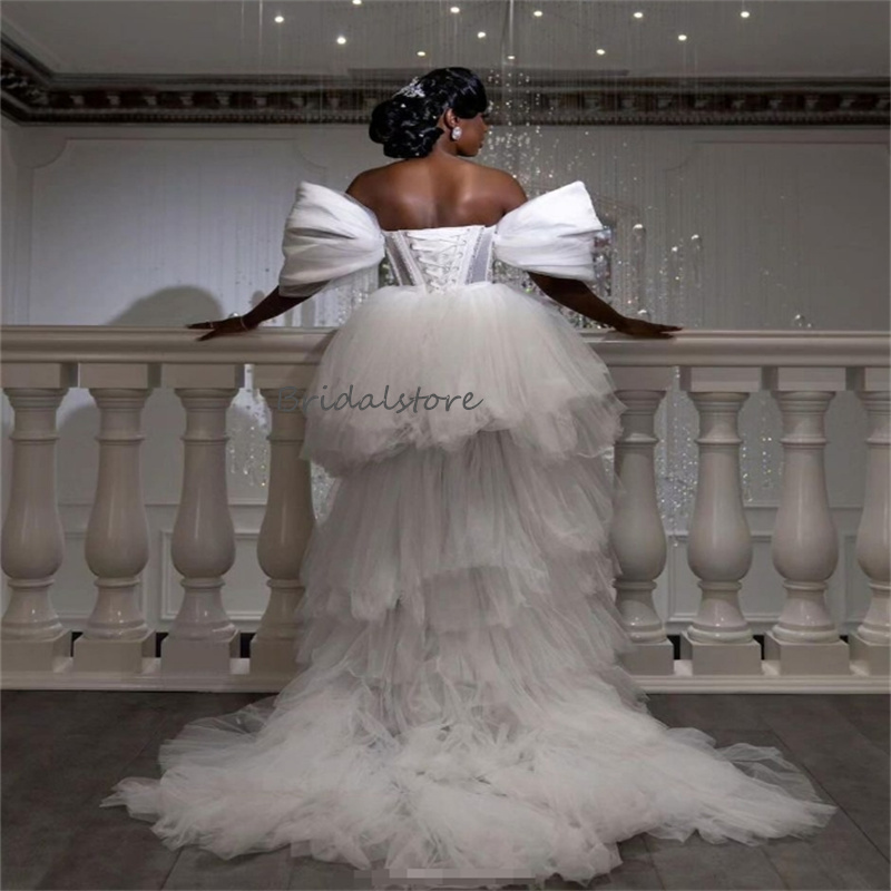 Luxury High Low Short Wedding Dresses 2024 Off Shoulders Beaded Ruffles Country Bridal Dress Elegant Tiered Destination Beach Bride Dress Sexy Vestios