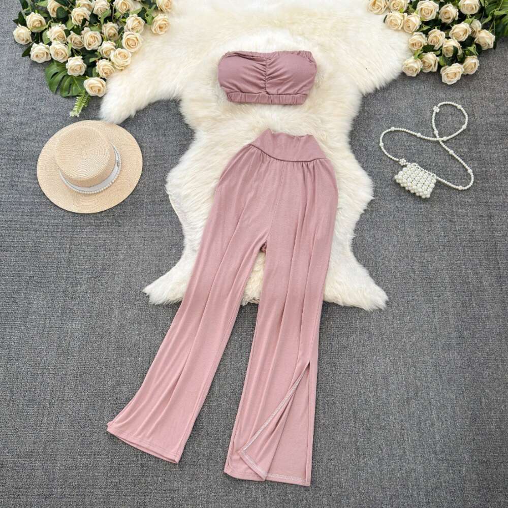 Fashion Set Womens Spicy Girl Style Printed Short Naked Bra T-shirt Set of Two Casual High Waist Slimming Wide Leg Pants