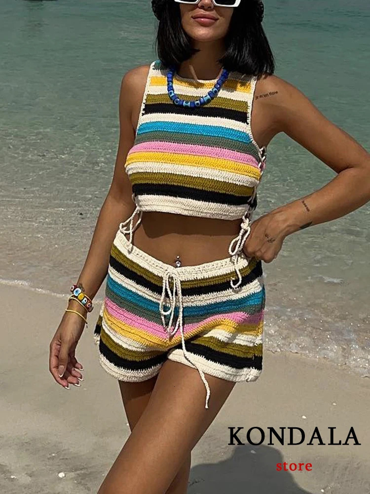 KONDALA Chic Sexy Sweet Rainbow Striped Women Knit Suit Fashion Summer Sleeveless Short Vest Crop Top Beach Lace Shorts 2409