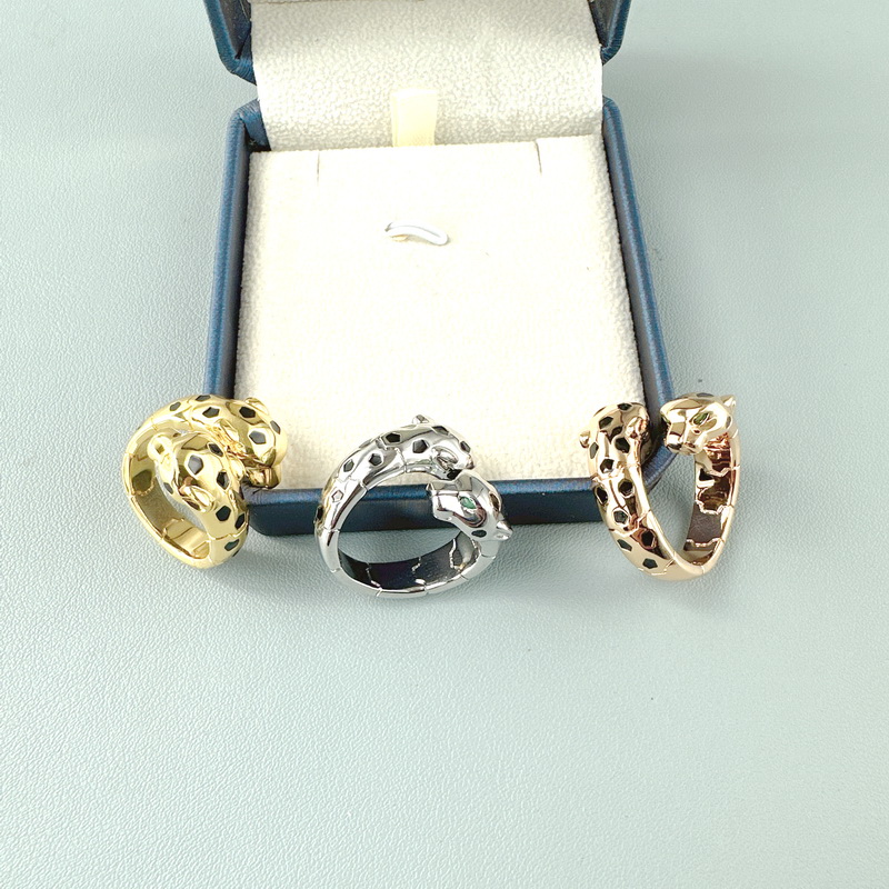 Collection Designer Style Open Ring Women Lady Plated Gold Color Green 1 Eyes Black Spots Double Leopard Heads High Quality Jewelry