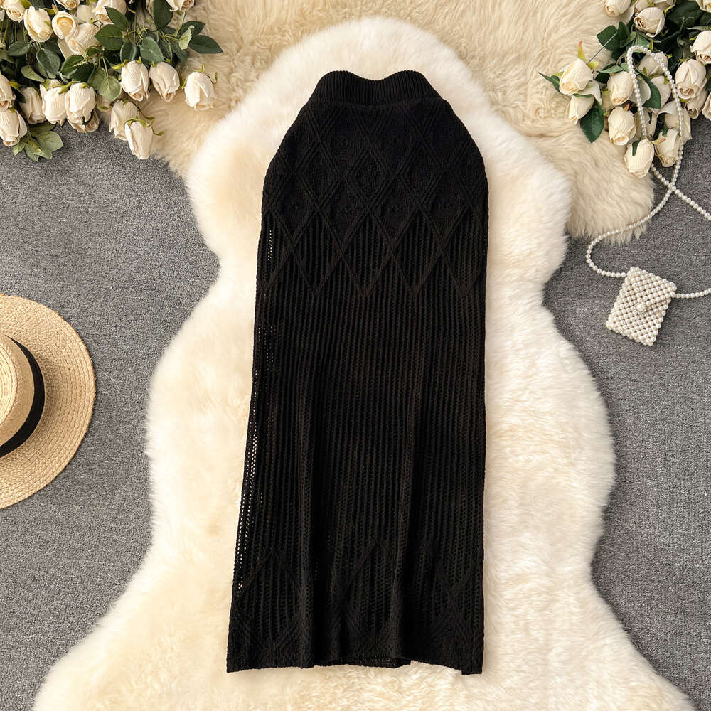 Korean version of womens clothing design with diamond grid hollow knit skirt womens high waisted and slim mid length solid color buttocks wrapped skir