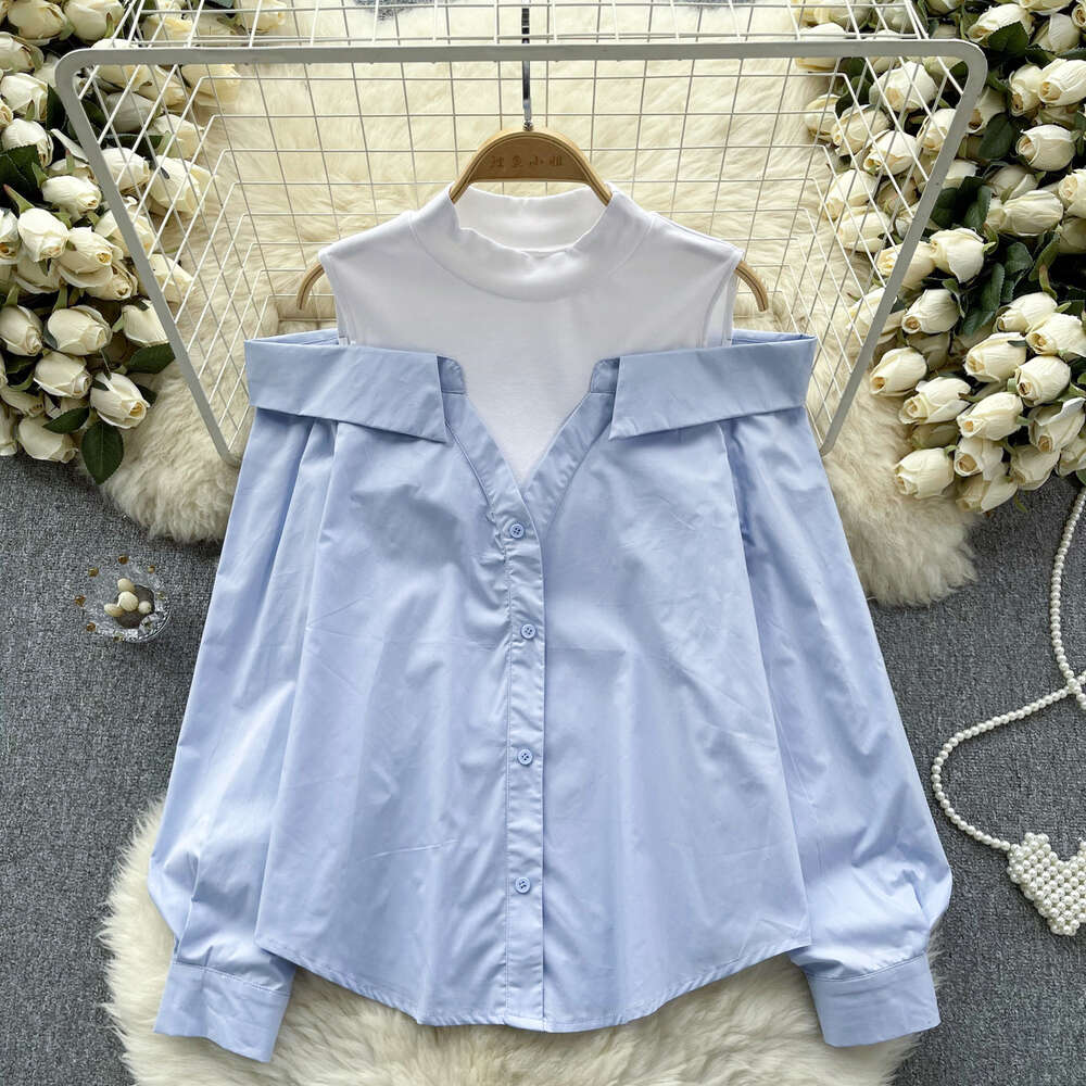 French haute couture fake two-piece long sleeved shirt womens patchwork loose and slimming contrasting color design off the shoulder top