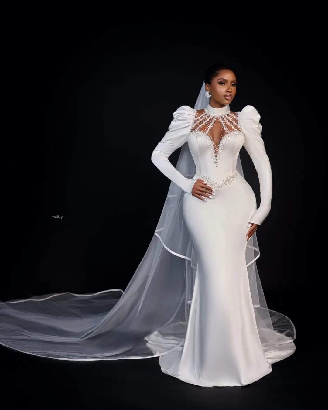 African White Mermaid Wedding Dresses For Bride High Collar Long Puff Sleeve See Through Beading Garden Bridal Gowns Princess Satin Church Country Bri