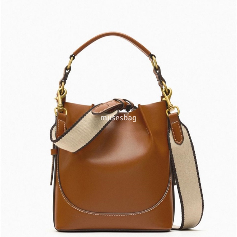 New Fashionable Brown Single Shoulder Bag Korean Edition Band Mouth Handheld Shoulder Bag Wide Shoulder Strap Band Mouth Water Bucket Bag