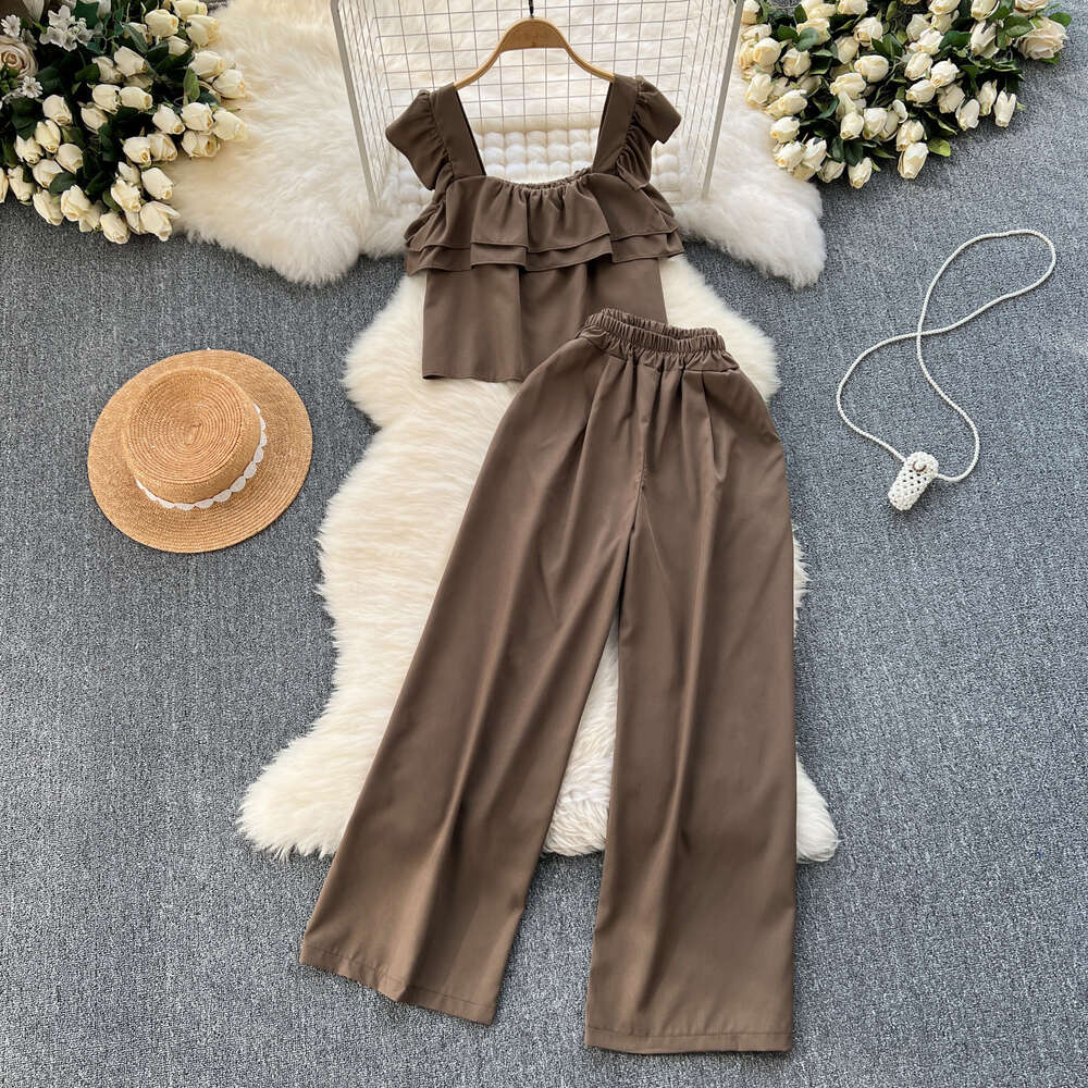 Korean style vacation style set for women with sweet flying sleeves ruffled top loose and slimming wide leg pants two-piece set