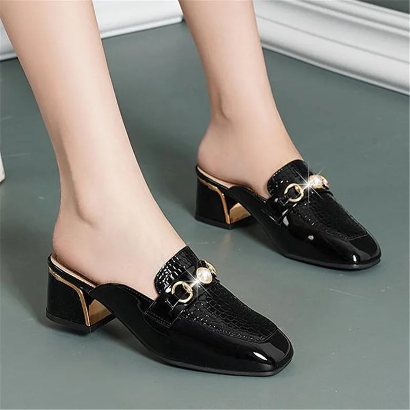 Women Baotou Half Slippers Fashion Metal Chain Square Toe Thick Heel British Style Office Casual Shoes Spring Summer 240606