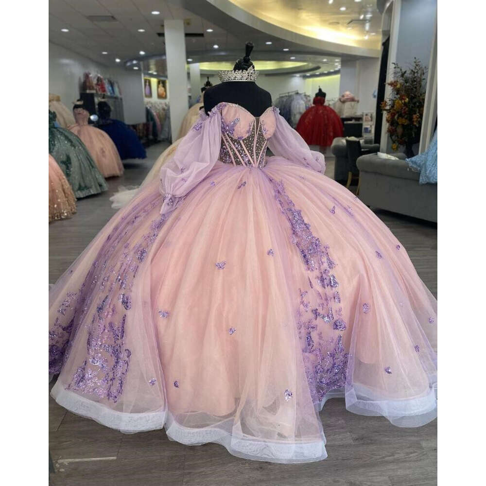 Lilac Pink Princess Quinceanera Dress With Long Sleeve Sparkly Applique Corset Bustle Sweet 16 Vestidos Para Festa De 15 Anos 0606