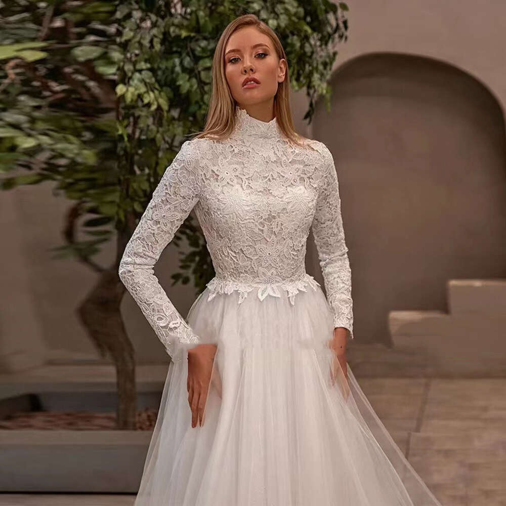Elegant Muslim Wedding Dresses High Neck Long Sleeves Lace Applique Bride Gowns Custom Made A-Line Robe 2024 0605