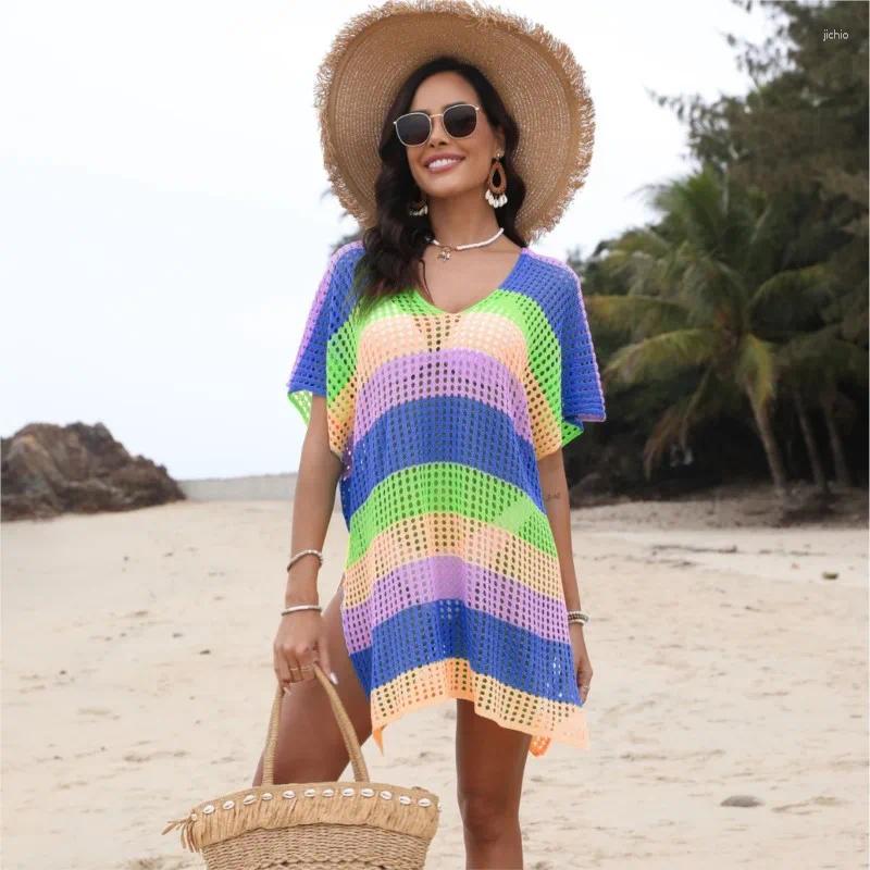 Beach Bath Exits Women Dress Swimsuit Ladies Fashion Color Stripes Hollow Shirt Stripe Polyester Swimwear Cover Up Tunic
