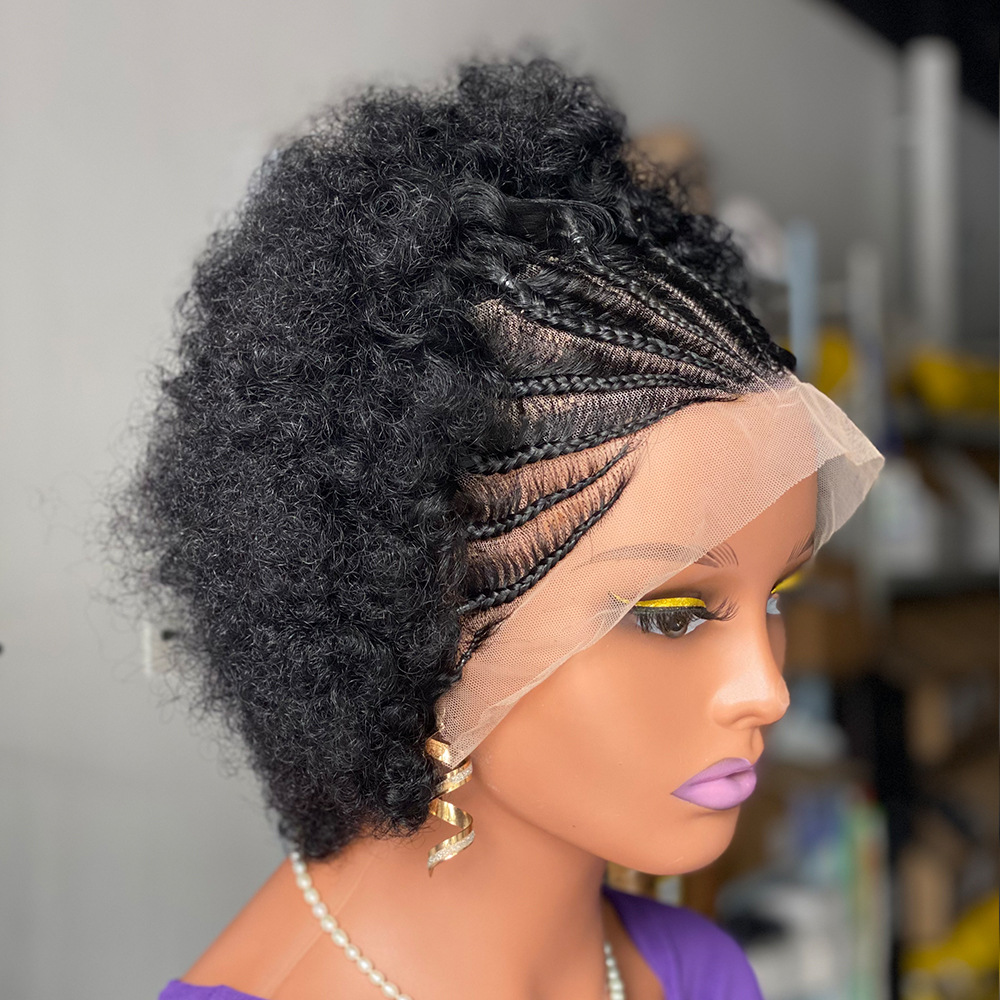 13X4 Lace Frontal Cover Braided Afro Human Natural Black 6 Inch Short Hair Curly Wig For Woman