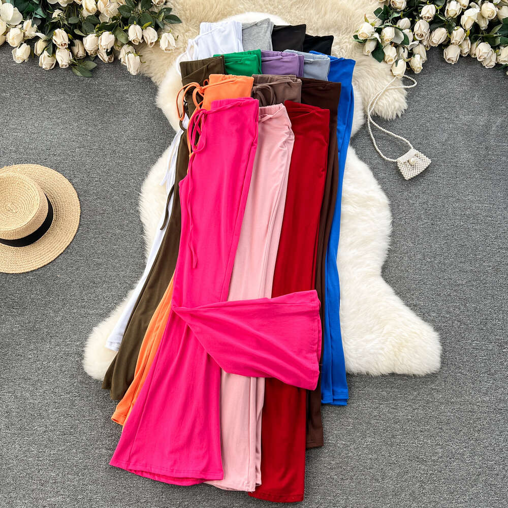 Spicy Girl Wearing Design Sense Tie Up Waist Slimming Slim Fit Bag Hip Long Flare Pants Sexy Yoga Pants
