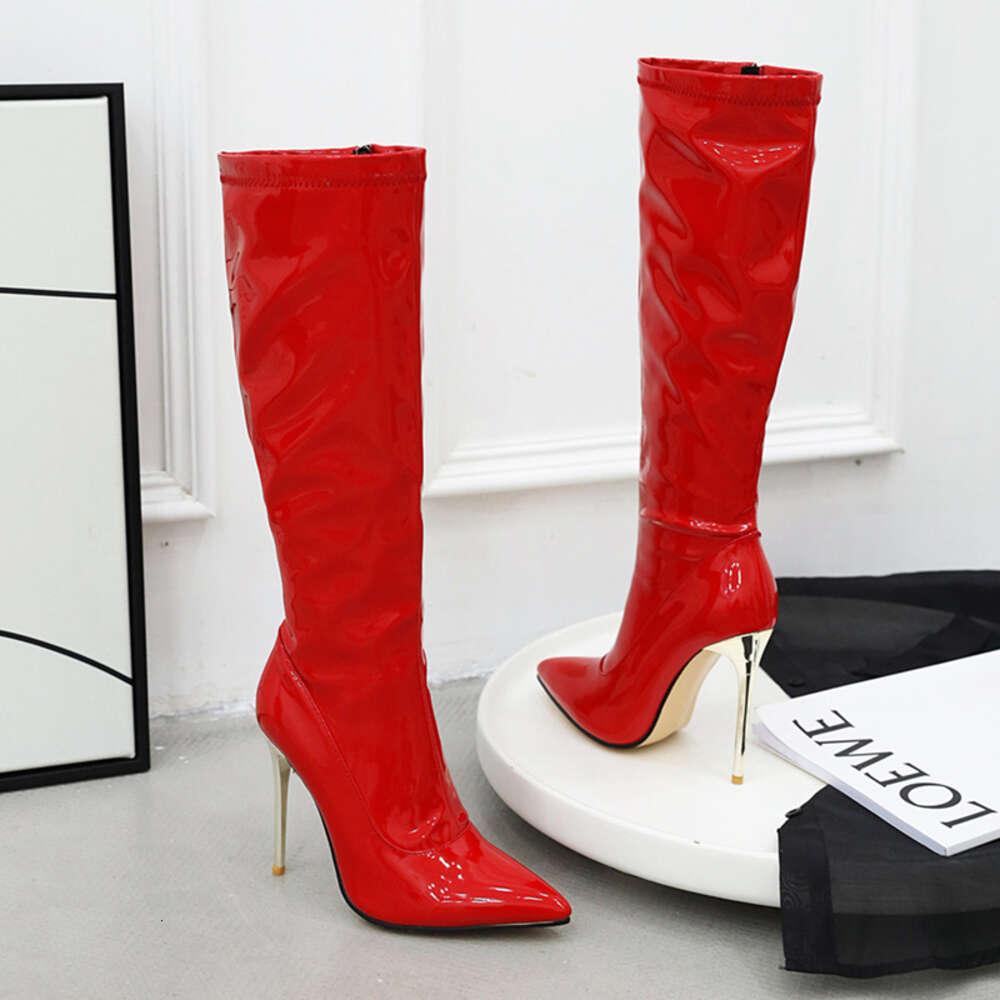Women Boots Zipper Black Red White Knee High Boot Sexy Heels Patent Women's Autumn Winter Dance Shoes Large Size 45 48