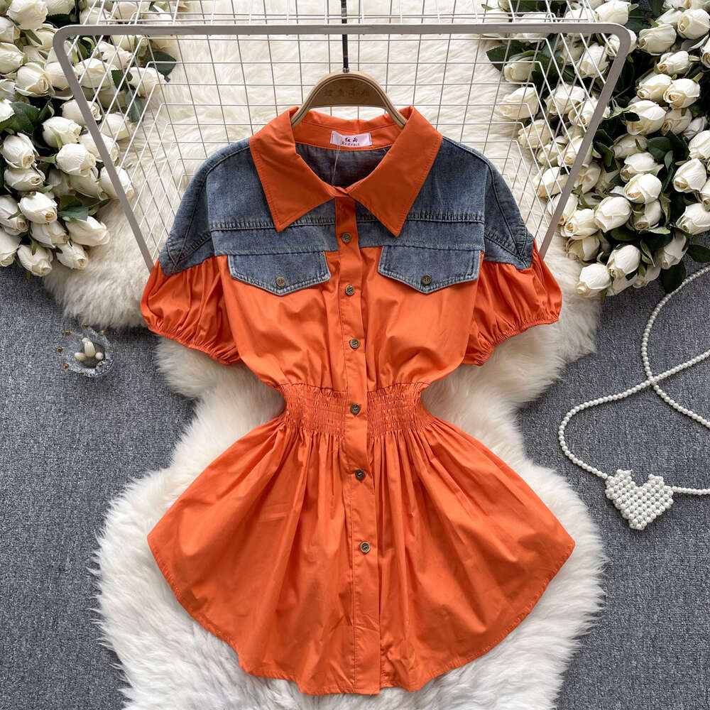 Korean version of womens clothing design with contrasting color patchwork age reducing bubble sleeves elastic waistband for slimming fashionable and v