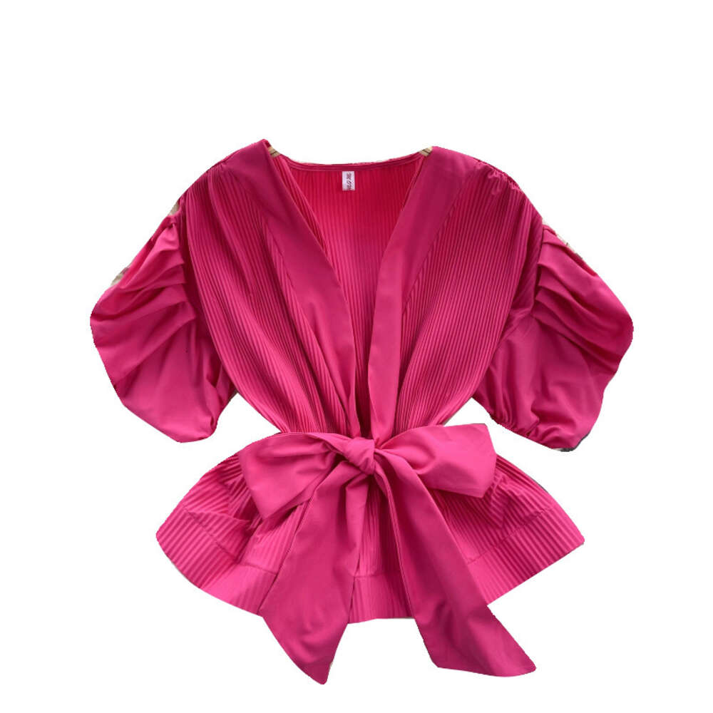 Design sense pleated bubble sleeve French shirt for women sweet bow waist cinched lotus leaf swing heavy work pleated top for women