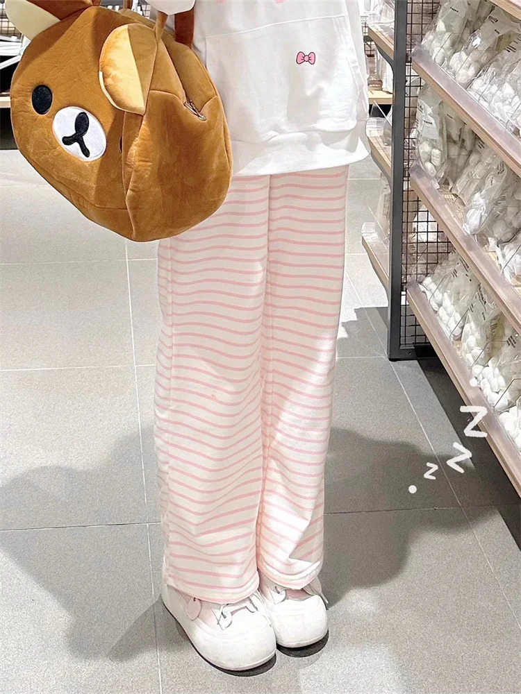 QWEEK Japanese Y2K Striped Sweatpants Women Harajuku Kawaii Sweet Fleece Sports Pants Korean Fashion Cute Girly Basic Trousers 240530