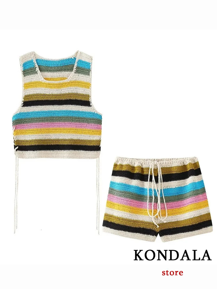 KONDALA Chic Sexy Sweet Rainbow Striped Women Knit Suit Fashion Summer Sleeveless Short Vest Crop Top Beach Lace Shorts 2409