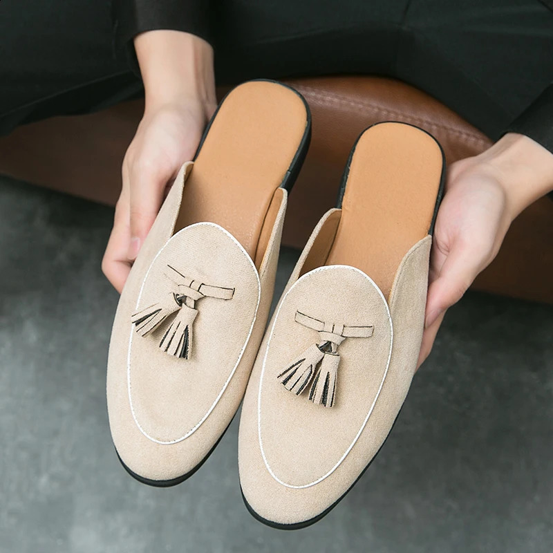 Men Green Black Half Slippers Driving Shoes Casual Patent Leather Suede Mules Moccasins Breathable Loafers atos Hombre 240606