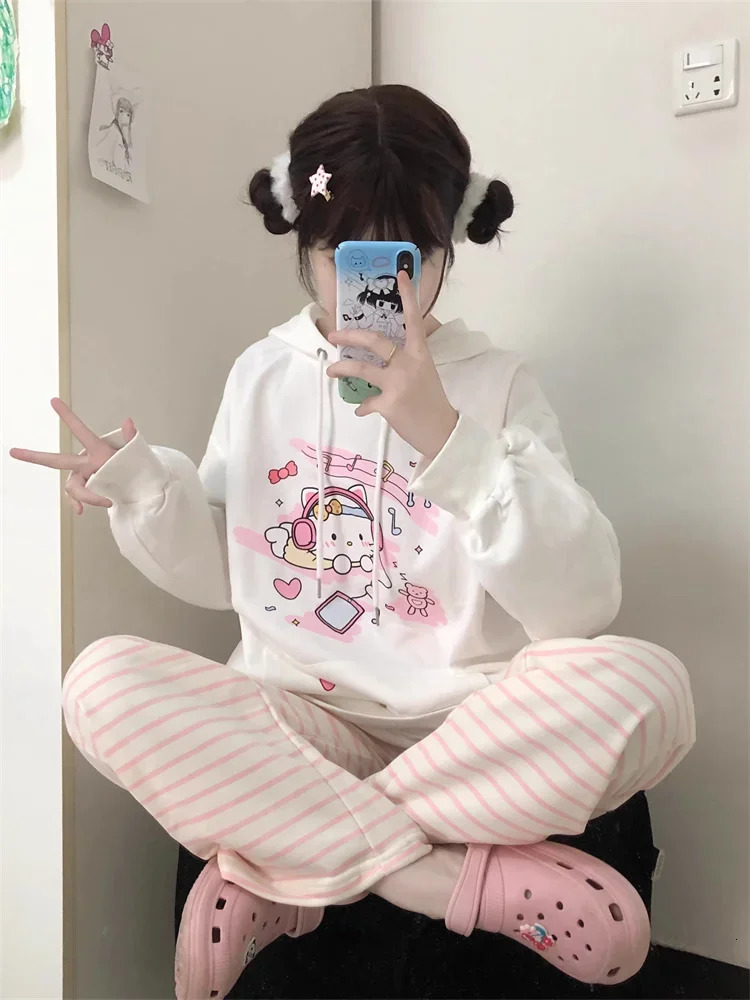 QWEEK Japanese Y2K Striped Sweatpants Women Harajuku Kawaii Sweet Fleece Sports Pants Korean Fashion Cute Girly Basic Trousers 240530