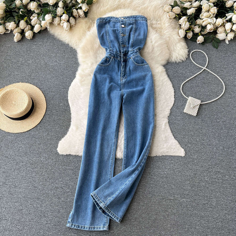 Spring/Summer New Style Sexy Slimming Single breasted Cowboy Bra jumpsuit Womens Style Wide Legged Cowboy Pants