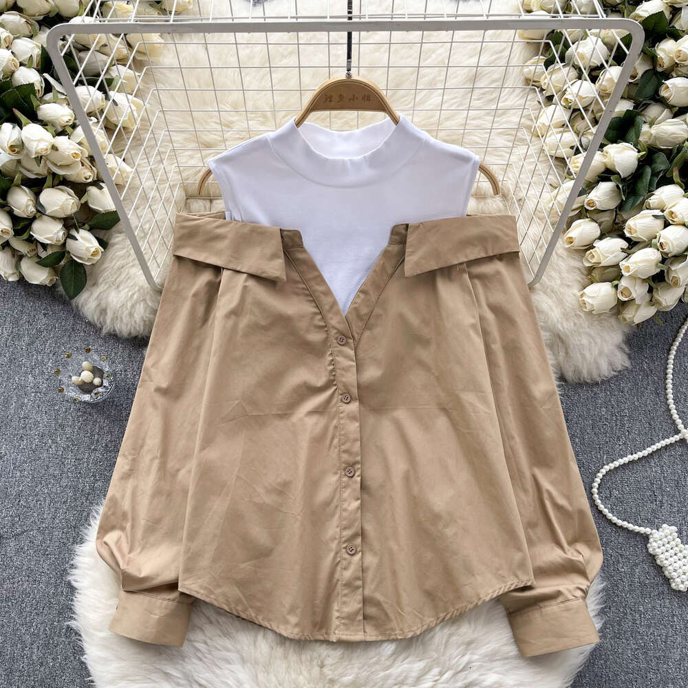 French haute couture fake two-piece long sleeved shirt womens patchwork loose and slimming contrasting color design off the shoulder top