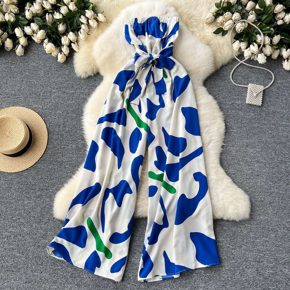 Instagram vacation jumpsuit for women light mature style waist strap one line collar strapless long casual printed pants