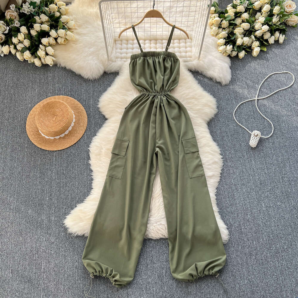 Korean style outfit with reduced age college style camisole jumpsuit for womens workwear large pocket slim fit long wide leg pants