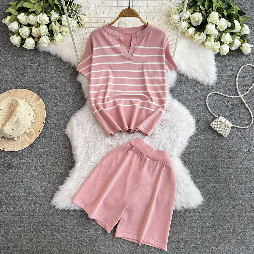 2024 Summer New French Style Striped Knitted Shirt Fashion Casual Small Wide Leg Shorts Two piece Set for Women