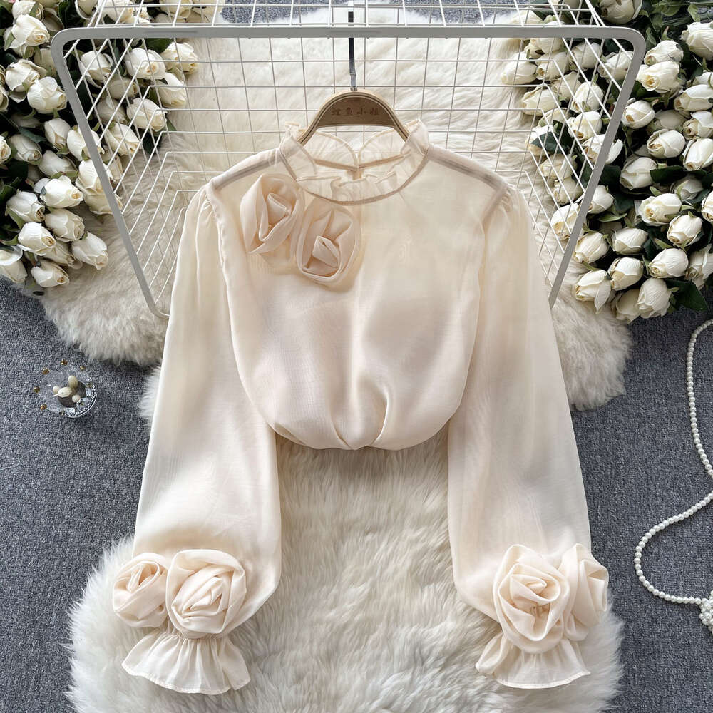 2024 Early Spring New Top Womens Design Sense Three Dimensional Flower Bubble Sleeves Reduce Age Ear Collar Chiffon Shirt Womens Trend