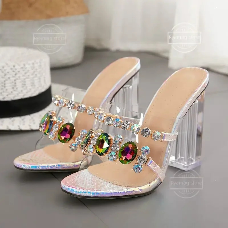 Sandals womens rhinestone decorative sandals with open placket summer crystal diamond transparent slippers womens shoes high heels 240606