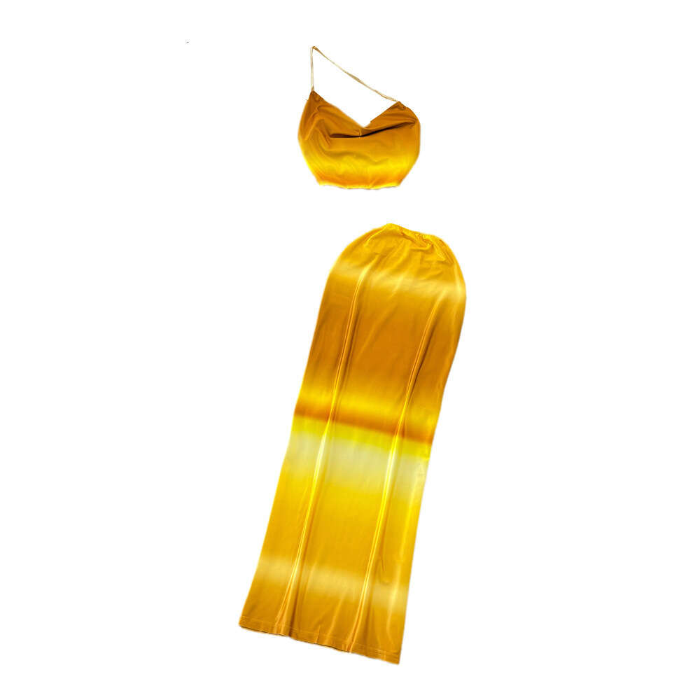 Fashionable set for women pile up collar strapless camisole two-piece high waisted gradient color wrapped hip skirt summer