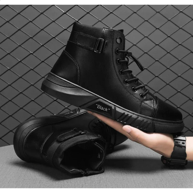 Mens Motorcycle Boots Comfortable Platform Boots Men Outdoor High Top Leather Boots Fashion Comfortable Waterproof Men Shoes 240607