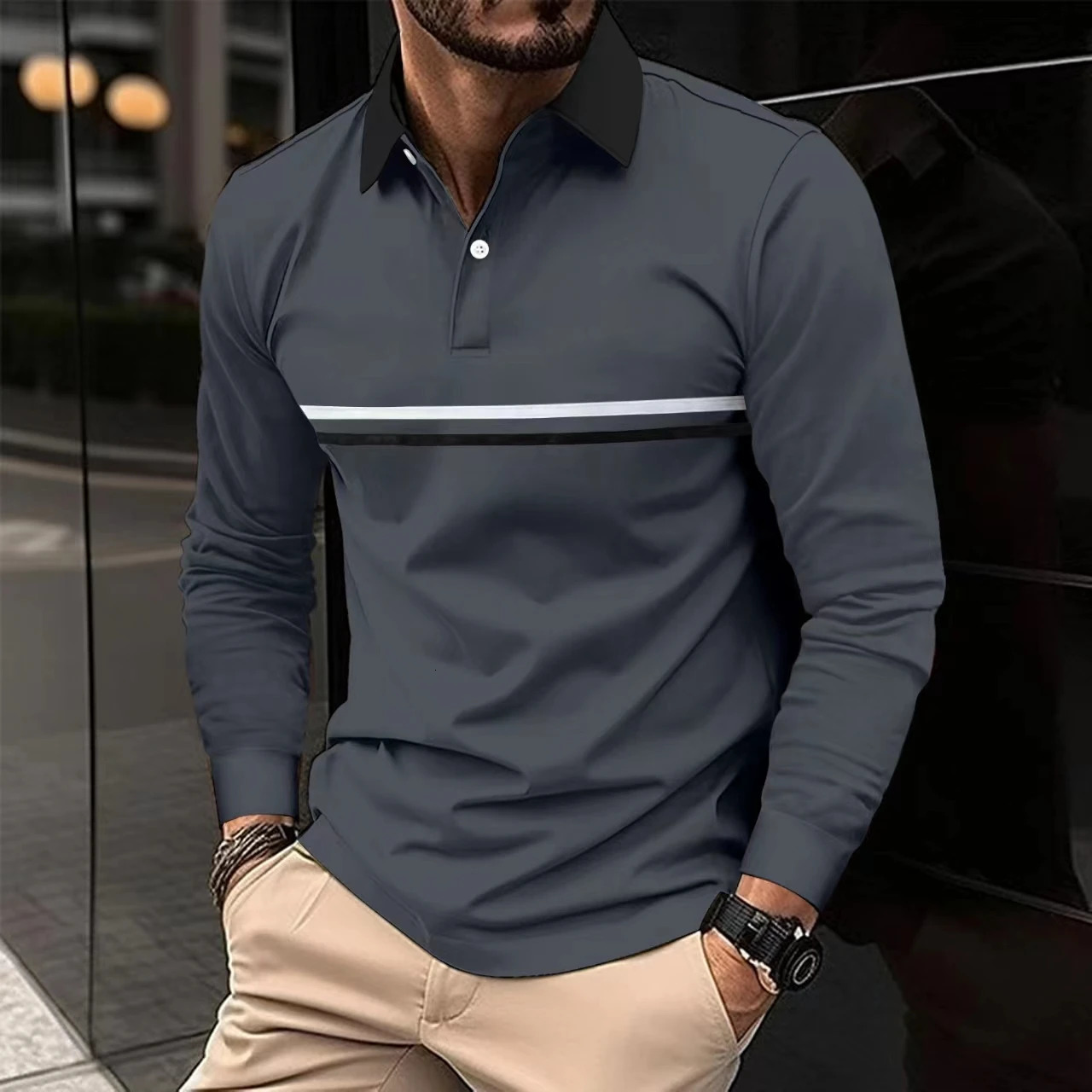 Men Stripe Long Sleeve Polo Shirt Men Casual Simple Style Polo Shirt . 240530