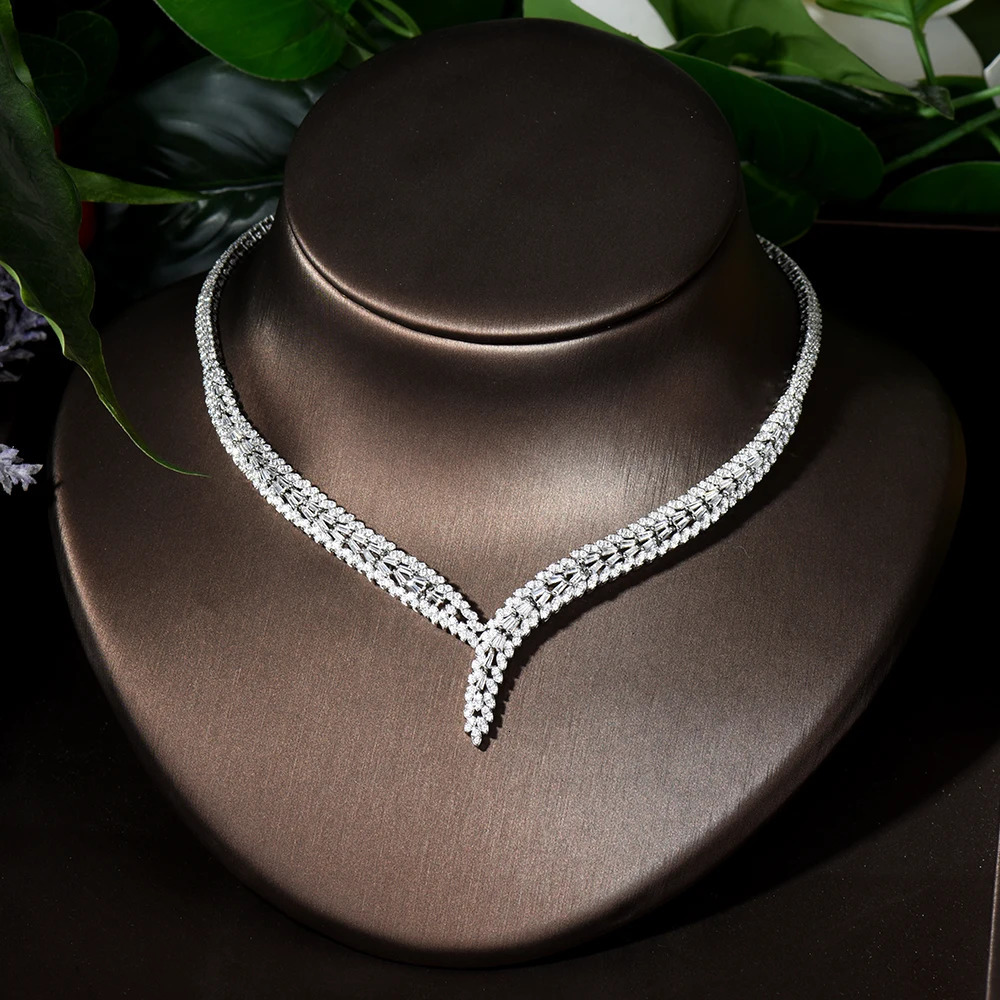 Classic rectangular cubic zirconia wedding necklace and earring set Dubai Nigeria CZ Bridal Jewelry Set 240531