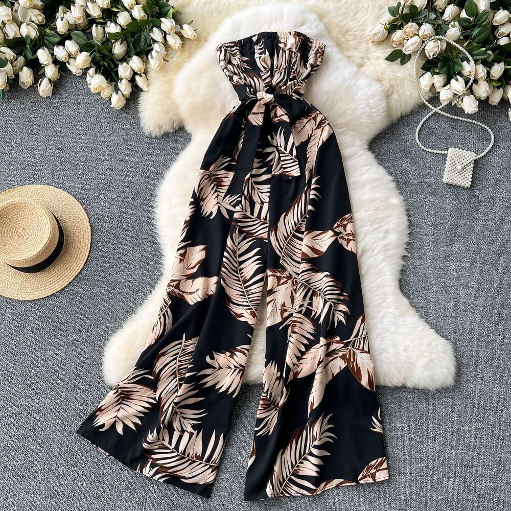 Instagram vacation jumpsuit for women light mature style waist strap one line collar strapless long casual printed pants