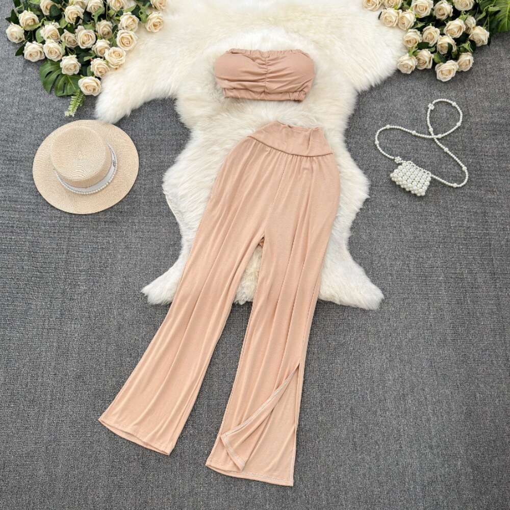 Fashion Set Womens Spicy Girl Style Printed Short Naked Bra T-shirt Set of Two Casual High Waist Slimming Wide Leg Pants