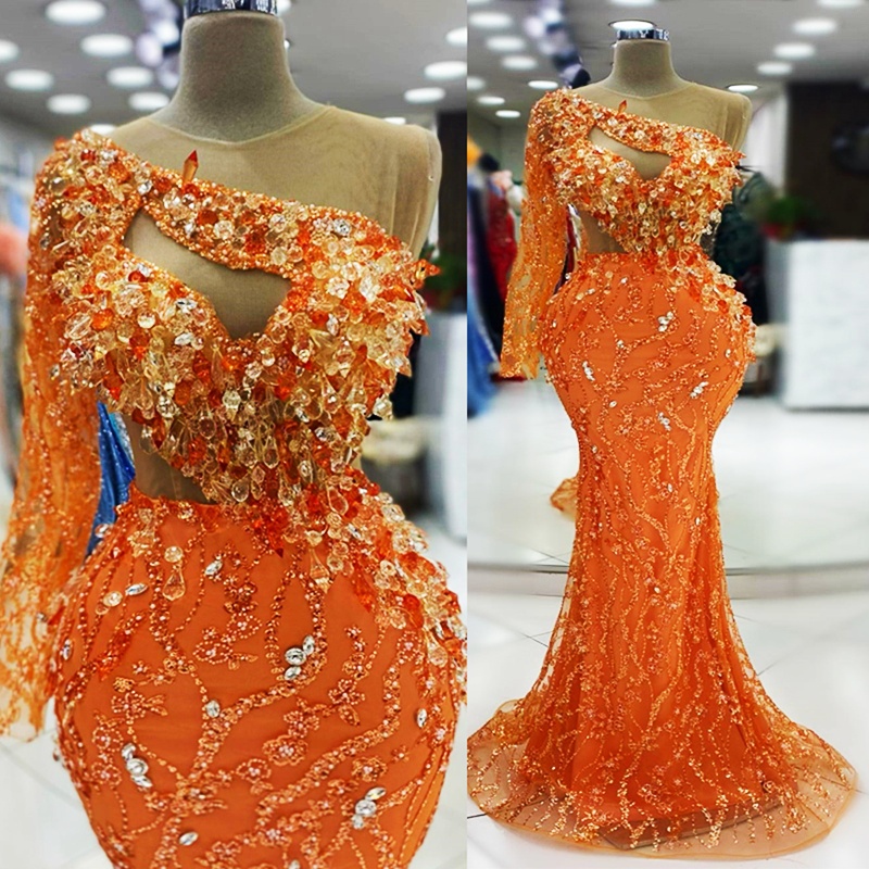 2024 Orange Prom Dress Mermaid Illusion Evening Dresses Elegant One Shoulder Long Sleeves Beaded Lace Crystals Beading Rhinestones Decorated Birthday 