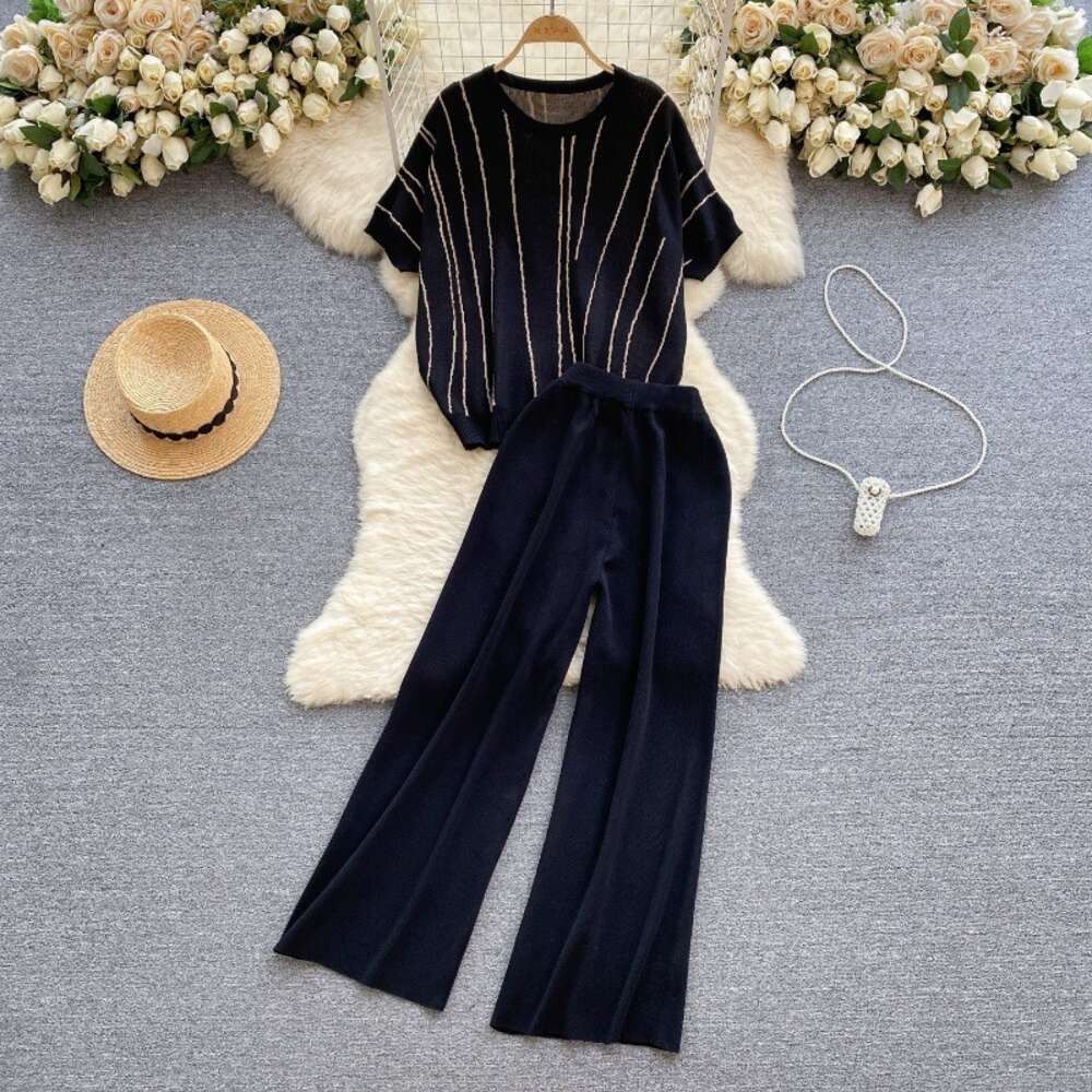 Korean version of womens clothing design with striped knit top loose coverage slimming effect high waisted wide leg pants fashionable two-piece set