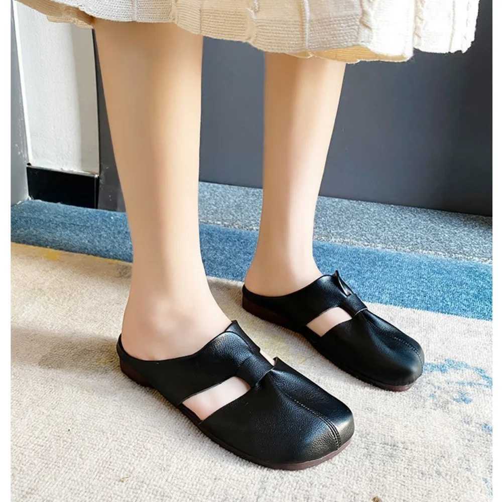 Big Size 42 Retro Women Shoes Summer Flat Slippers Leather Sandals Fashion Zapatillas Casa Mujer Sapatos Femininos S6064