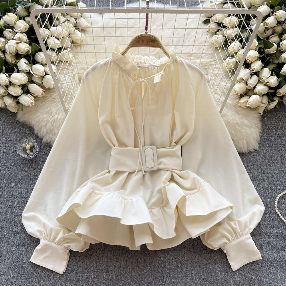Luxury and luxurious French court style waistband lace up ruffled shirt for womens niche long sleeved top
