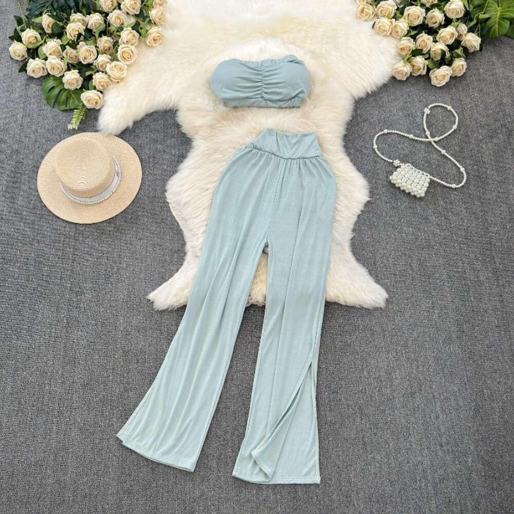 Fashion Set Womens Spicy Girl Style Printed Short Naked Bra T-shirt Set of Two Casual High Waist Slimming Wide Leg Pants