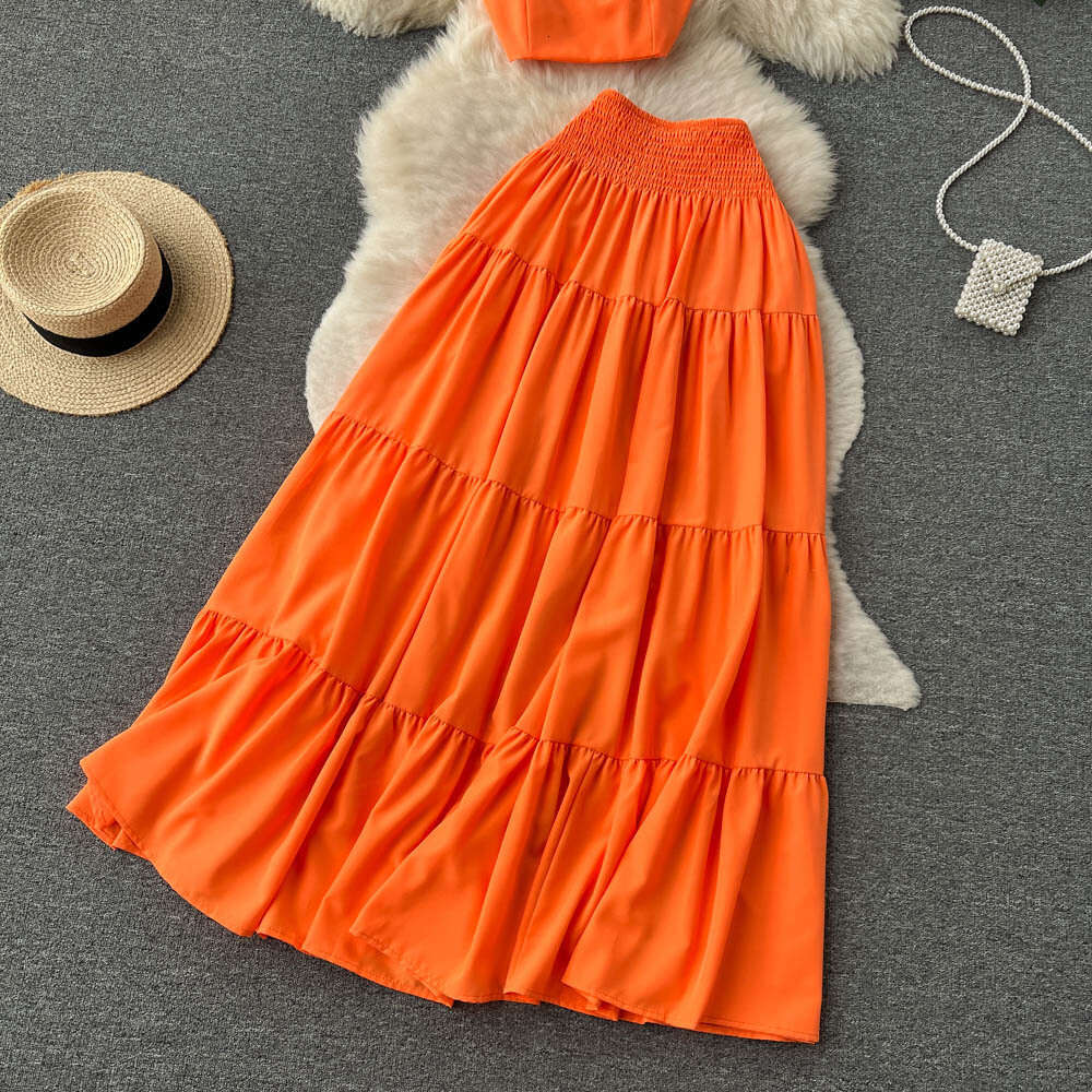 Summer Fresh Set Womens Short Strap Top+Mid length Cake Pleated Half skirt Set of Two