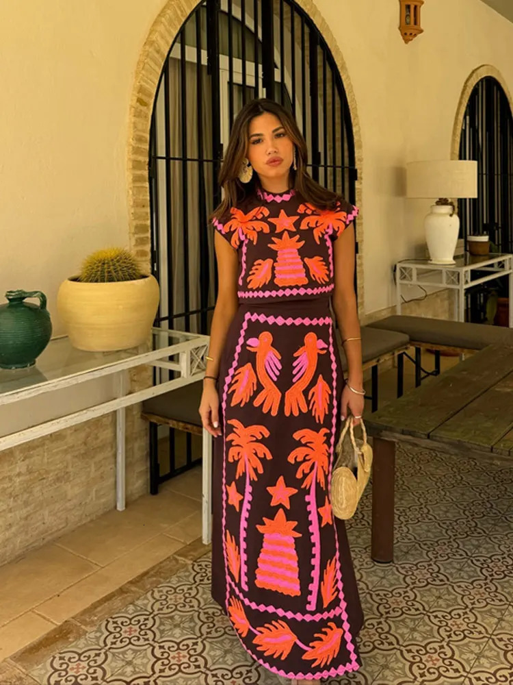 Vintage Printed Long Dress Suit Chic Round Neck Sleeveless Crop Tops High Waist Loose Dresses Set Lady Vacation Outfits 240601