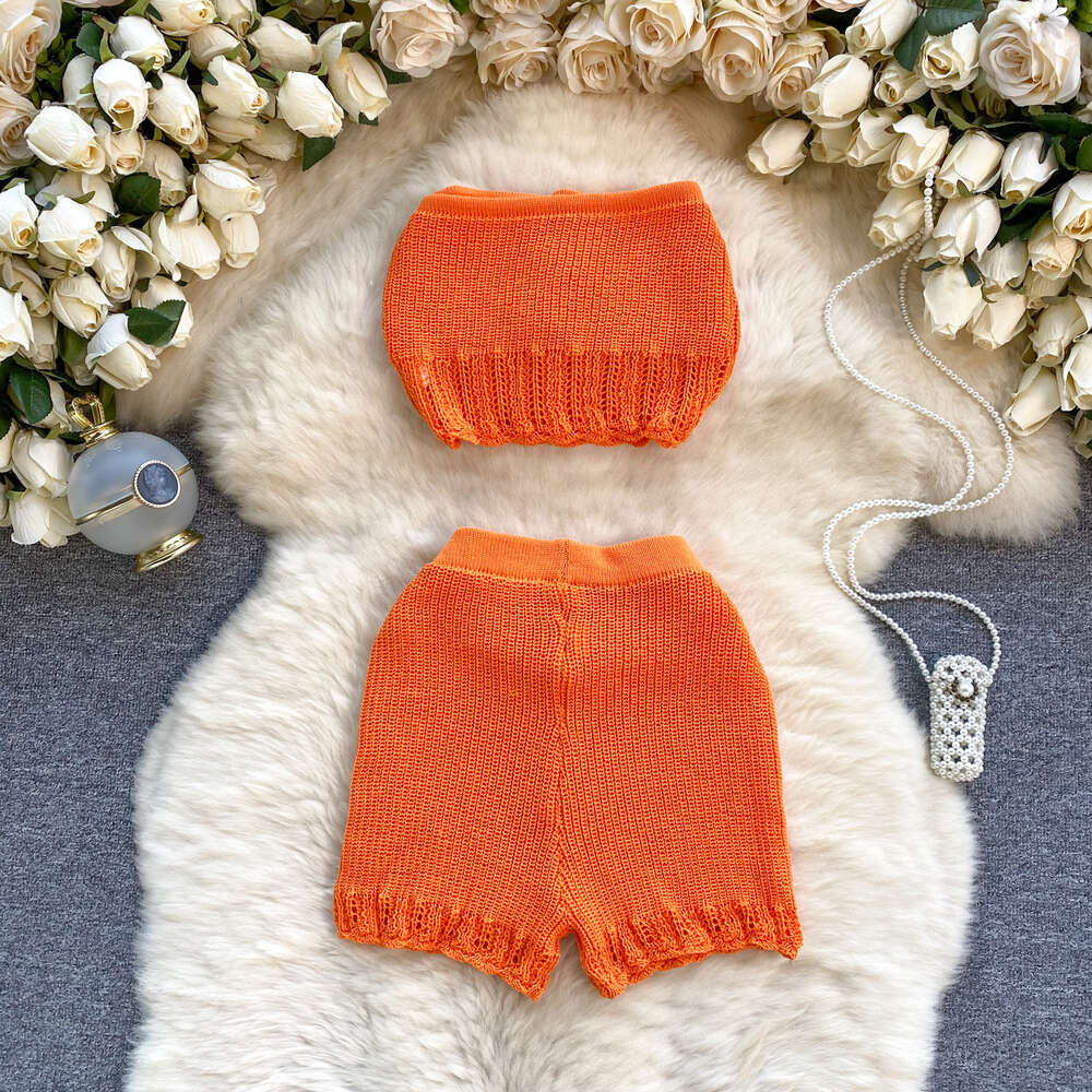 Womens Design Sensory Knitted Shirt with Bra Short Sexy and Versatile Short Spicy Girl Style Two Piece Set Trendy