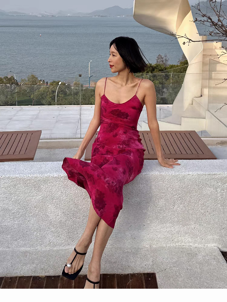 Oc 436M44 Women's Basic Casual Dresses Mulberry Silk Printed Camisole Skirt in Summer Simple and Fashionable in Europe and America