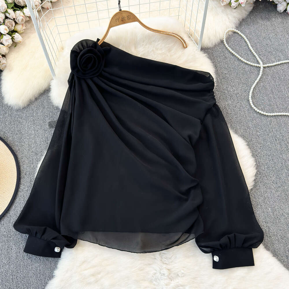 Spring and Autumn Fashion Design Sense Three Dimensional Flower Slant Neck Off Shoulder Loose and Slim Chiffon Shirt Womens Casual Top