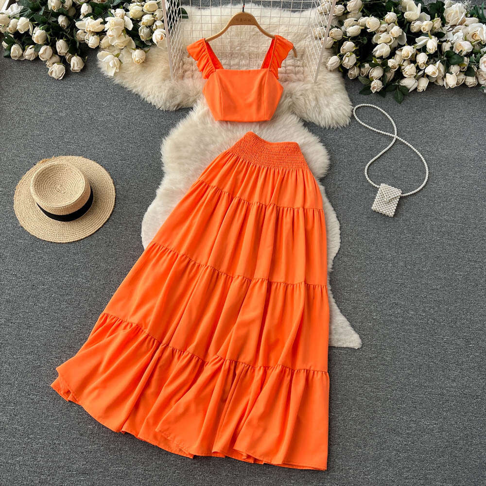 Summer Fresh Set Womens Short Strap Top+Mid length Cake Pleated Half skirt Set of Two