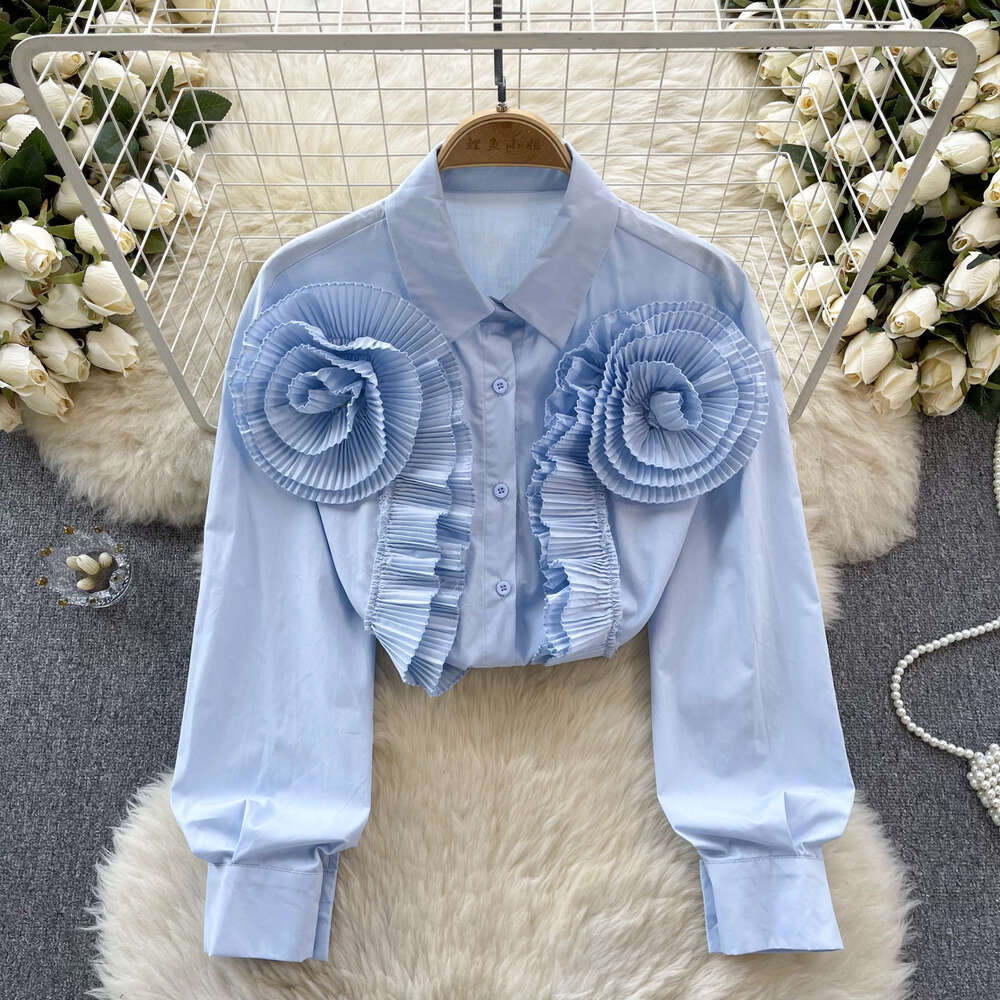 European style shirt womens design with pressure pleats three-dimensional floral and ruffled edges loose and slimming and versatile bubble sleeve top 