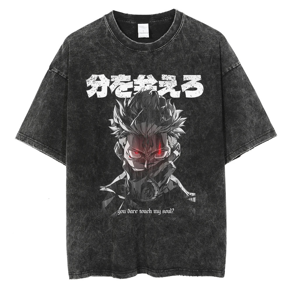 Harajuku Streetwear Black Washed T-Shirt Anime Graphic T Shirt Summer Cotton Tshirt Men Short Sleeve Vintage Tees 240601